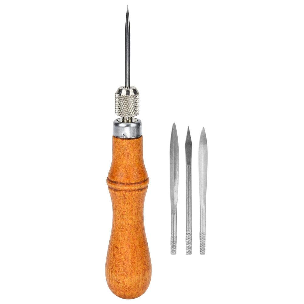 Hztyyier 4 in 1 Replaceable Leather Sewing Awl with Wooden Handle Awl Needles Hand Stitching Punching Repair Tool Kit Leather Tools