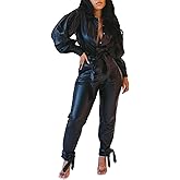 Neyaolk Womens Outfit Bodysuit Jumpsuit Set - Pu Leather Button Up Jacket Coat Knot Bodycon Pant Set Clubwear
