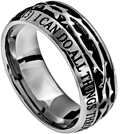 Christ My Strength Crown Of Thorns Ring Stainless Steel Silver With Scripture Phil. 4:13