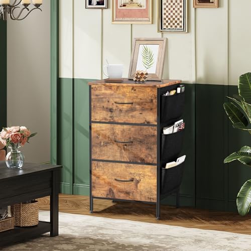 FURRIFIC Cómoda Gran Capacidad de 3 Cajones,70 * 40 * 29cm,Marrón | Cajonera para Recamara,Ropa,Hogar Y Oficina,Organizador Cajonera de Estructura Metal con Cajones de Tela
