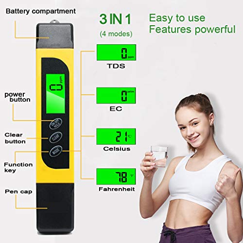 Water Tester Digital Tds Meter, EC Meter, PPM Meter and Temp Meter,2 pcs Ph Test Paper, 0-9990ppm, Portable Water Quality Tester Suitable for Home ATC Drinking Water, Spa, Aquarium