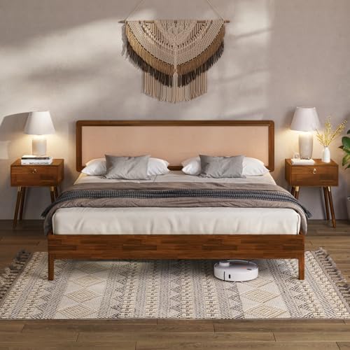 Bme Nipe Bed Frame with Headboard, Bohemian and Mid-Century Modern Style, Solid…