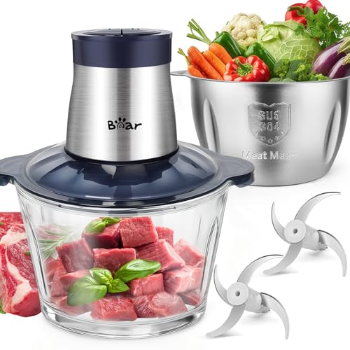 Bear 2L + 1.8L Meat Grinder Electric Chopper Glass + Stainless Steel, 600 W 2 Speed, Chopper with 4 Stainless Steel Blades and Meat Grinder, Chopper for Meat, Baby Food, Fruit, Vegetables