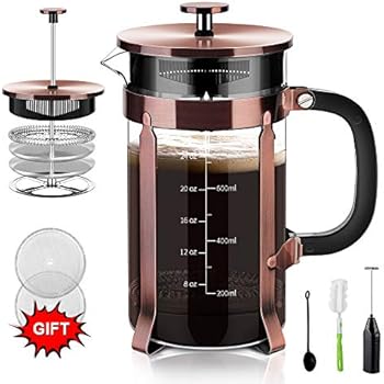 Upgraded French Press Coffee Maker Stainless Steel 34 oz, Coffee Press with Stainless Steel Stand Precise Scale Easy to Clean Durable Heat Resistant Glass Black/Copper/Silver