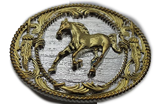TFJ Men Belt Buckle Silver Metal Western Cowboys Rodeo Gold Riding Horse Filigree