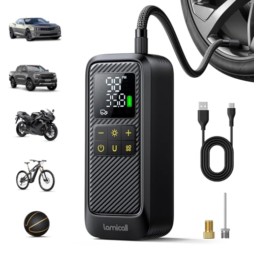 Lamicall Compresor de Aire Portatil – [5 Veces Más Rápido] Compresor de 150 PSI, con Pantalla Digital y Luz LED, Apagado Automático Inflador de Llantas para Auto, Moto, Bici y Balones
