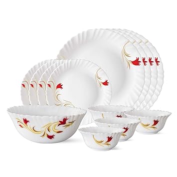 Larah by Borosil Red Lily Opalware Dinner Set, 13-Pieces, White