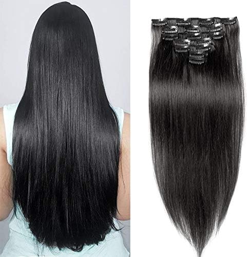 Jisheng Straight Clip In Brazilian Virgin Human Hair Extensions Double Weft 7 Pieces 160g with 16 Clips Natural Black Color 26inch