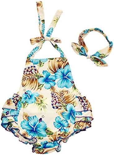 Baby Girls Summer Ruffles Romper 2pcs Sets Outfits (Small-6-9months, Hawaiin Blue)