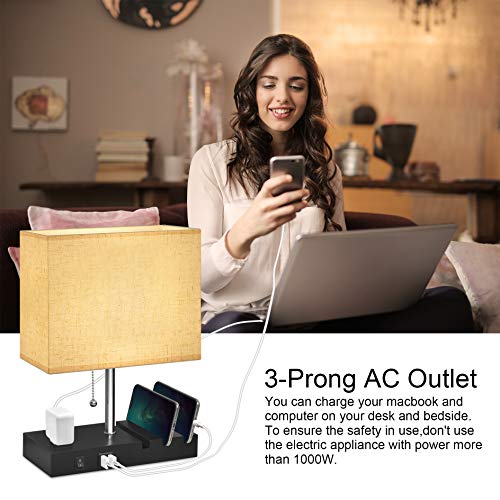 USB Bedside Lamp With Phone Stands,Hansang Table Lamp Dual Charging Ports,Nightstand Lamp for Bedroom,Minimalist Fabric Linen Lamp Shade with Pull Chain,E26 Warm White LED Bulb Included