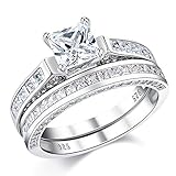 Wuziwen 2Ct Sterling Silver Princess Cut Bridal Set Engagement Wedding Ring Bands with Cubic Zirconia