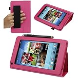 Evecase SlimBook Leather HandStrap Folio Stand Case Cover for Hisense Sero 7 LT (Lite) - 7' Android Tablet - Hot Pink