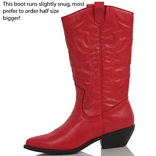 SODA Women's Reno Western Cowboy Pointed Toe Knee High Pull On Tabs Boots, Red, 75 M US