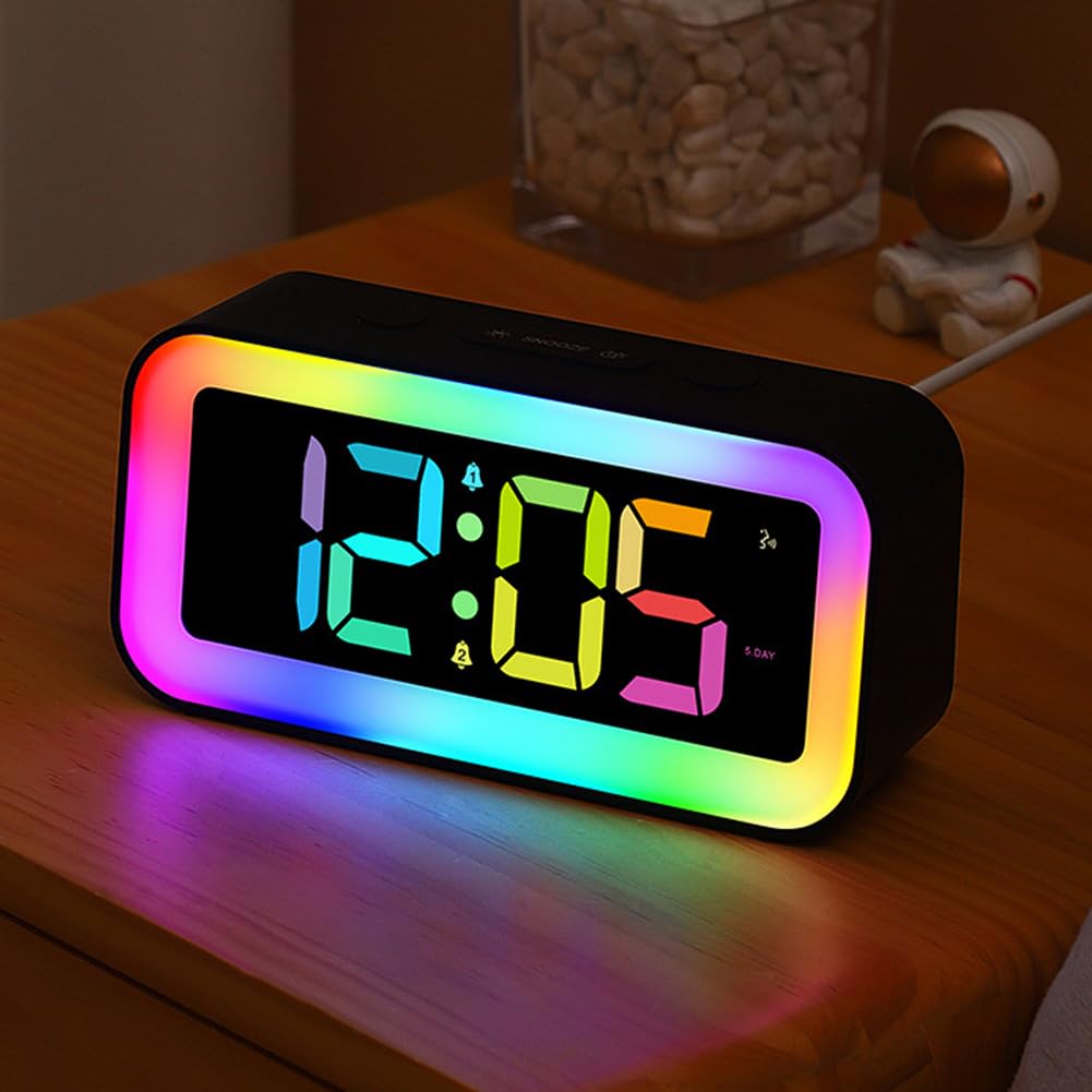 Digital alarm clock with Night Light for Bedrooms, Super Loud Alarm Clock with Simple LED Display 8 RGB Night light & 7 RGB Digital, Dual Alarm, Dimmer, Alarm Clocks Bedside for kids and Adults