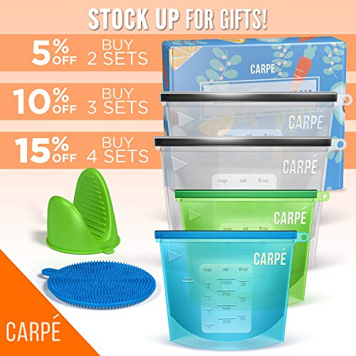 image for Carpe Reusable Silicone Food Storage Bag (4) + Silicone Mitten + Scrub