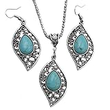 Gprince Retro Design Leaf Turquoise Necklace Earrings Fashion Jewelry Set