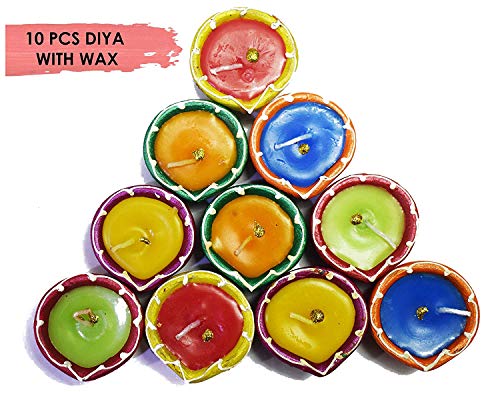 CRAFTSMAN Handmade Traditional Terracotta Clay Diya. Multicolor-10 pc Set. Diwali Deepawali Earthen Oil Lamp Wax Filled. Indian Gift Items Dia