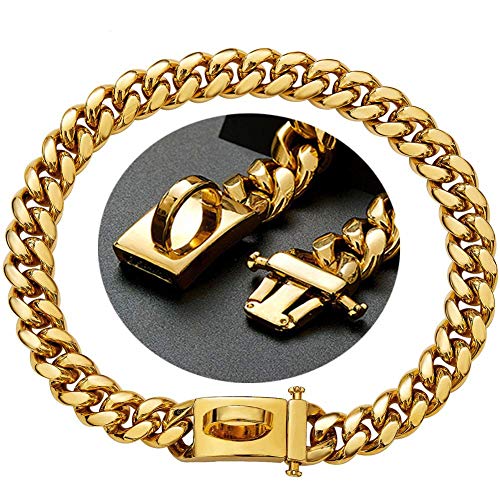 Stainless Steel Charm Metal Gold Chain Dog Collar with Buckle, Waterproof Anti-Chew Cuban Link Chain Bulldog Pendant Necklace Collar for Medium Large Dogs