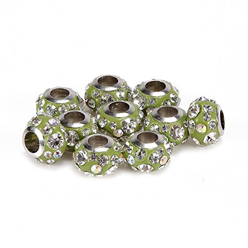 BRCbeads 10Pcs Silver Plate Olive Green Color Rhinestone Murano Lampwork European Glass Crystal Charms Beads Spacers Fit Troll Chamilia Carlo Biagi Zable Snake Chain Charm Bracelets.