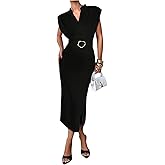 SOLY HUX Women's Business Casual Midi Dress V Neck Bodycon Formal Cocktail Dresses with Slit