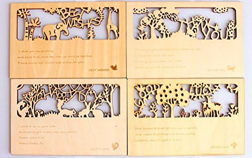 Enjoyable Life Wooden Openwork Carving Greeting Cards, Set of 4 Cards With Envelopes ,All Occasion Greeting cards. Best Present For Friends, Loved Ones, Family, Children and Seniors (Forest Friends)