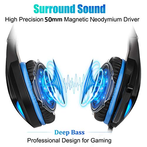 BUTFULAKE GH-2 Gaming Headset for Xbox One with Stereo Surround Sound, PS4 Headset with Noise Canceling Mic & LED Light, Over Ear Gaming Headphones for PC, Nintendo Switch, Mac, Laptop, Blue