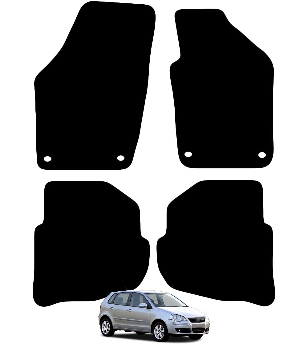 Carsio Carpet Car Mats For VW Polo 9N3 2005 2009 4 Piece Set with 4 Oval Clip Tailored Fit Floor Mat Complete Accessory Black Custom Fitted - All Weather, Anti-Slip Backing & Black Trim