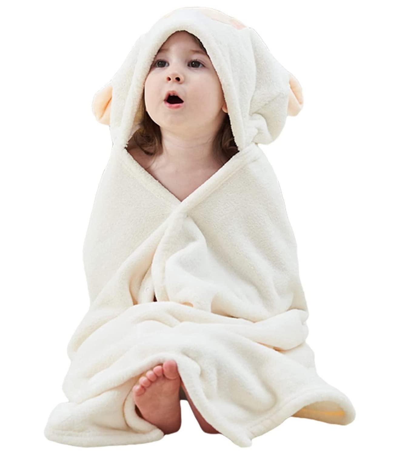 Hilmocho Baby Hooded Bath Towel Infant Toddler Swaddle Wrap Blanket Soft Warm Coral Velvet Absorbent Swimming Shower Towel (White Sheep)