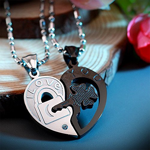 Happy Hours - His and Hers Heart Shape Couples Necklace Engraved I Love You Open Your Heart/Fortunate Four Leaf Clover Key and Stainless Steel Lock Pendant Couples Necklace with Black Bag(Black)