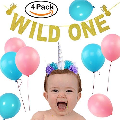 WILD ONE Birthday Decorations Sparkle Gold Banner Shiny Unicorn Headband 24pcs Latex Balloons Pink and Blue