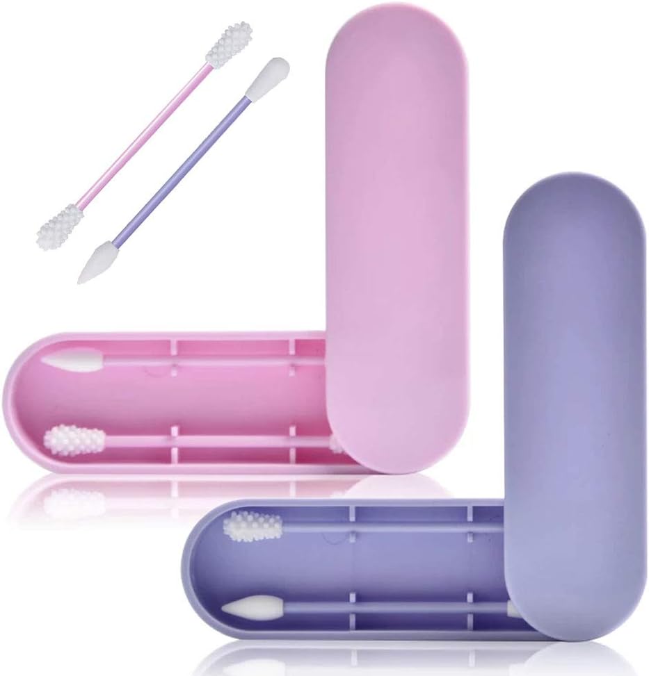 Hokeea Reusable Cotton Swabs with Portable Dust-Proof Case Last Swab for Ear Cleaning and Makeup Personal Skin Care Silicone Q-tip 2 in 1 case 2pack(Blue+Purple)