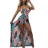 Women's Bodycon Floral Romper Dress - V Neck Lace Up Overlay Jumpsuit Maxi