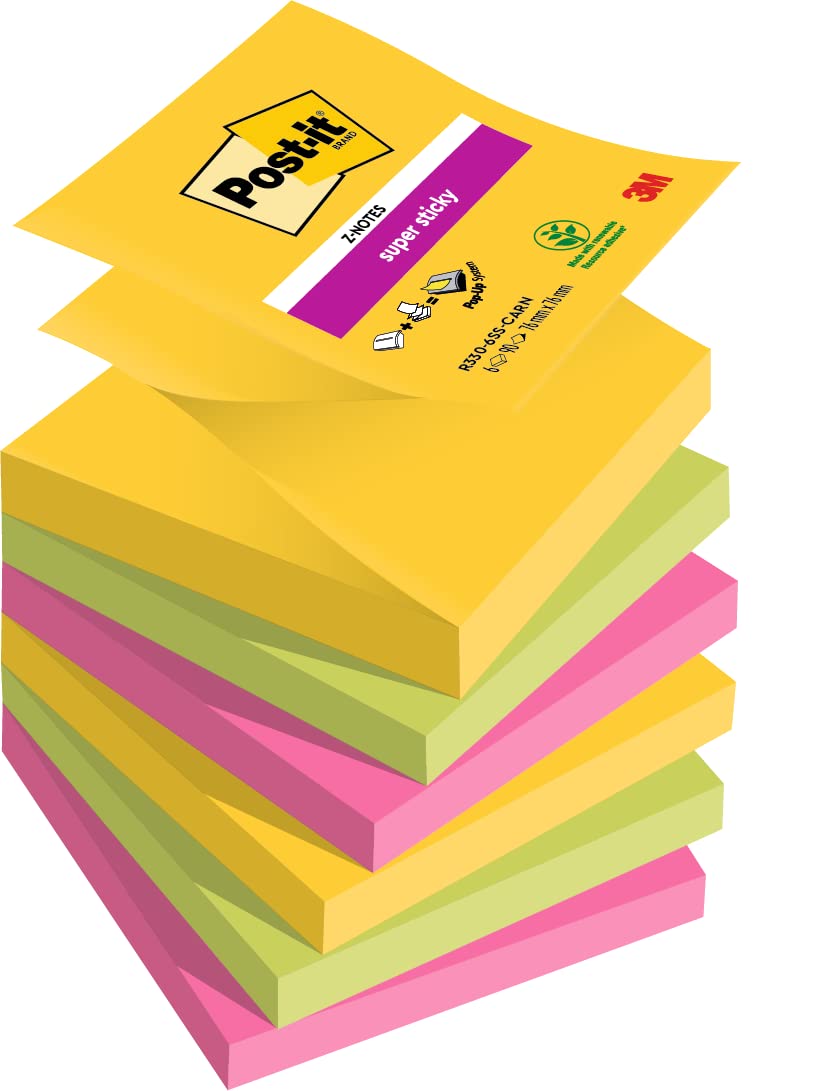 Post-it Super Sticky Z-Notes, 540 Sheets, Pack of 6 Pads, 76 mm x 76 mm - Holds Strong to Many Surfaces - Bright Colours - for Walls, Monitors and Fridge, Recycable
