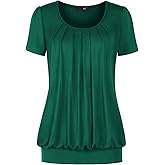 DJT Women's Short Sleeve Summer Tops Scoop Neck Pleated Front Casual Tee T Shirt
