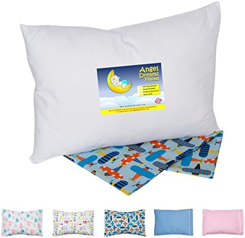 Angel Dreams Toddler Pillow 13x18 Bundle with Organic Tailored Pillowcase (Blue & Planes Theme)