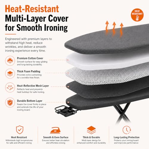 Toshionics Ironing Board with Adjustable Height - Heat Resistant Cover Iron Board with Stean Iron Stand - Non-Slip legs 7 Height Adjustable Options 90cm - Grey