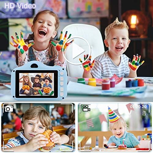 Compact digital camera with kid-friendly design and video recording capability, next to a memory card.