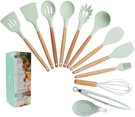Amazon 調理器具 ノンスティックシリコンキッチン用品セット12ピース 木製ハンドル 環境安全 調理 ベーキン ツールセット オンライン通販