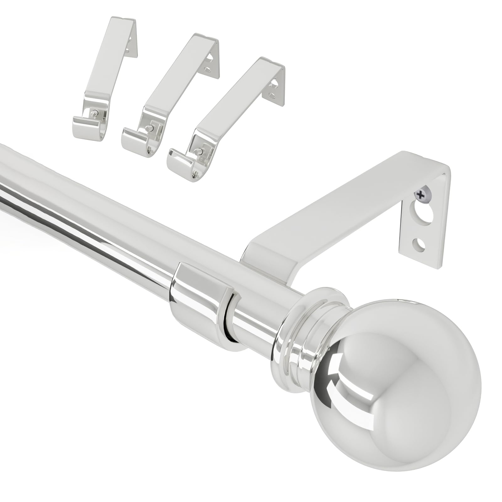 Silver Chrome Curtain Poles, Adjustable Curtain Pole for Eyelet Curtains 80 to 224 cm, Metal Curtain Rod for Bedroom with Brackets, 16mm Diameter 7ft Thin Curtain Pole