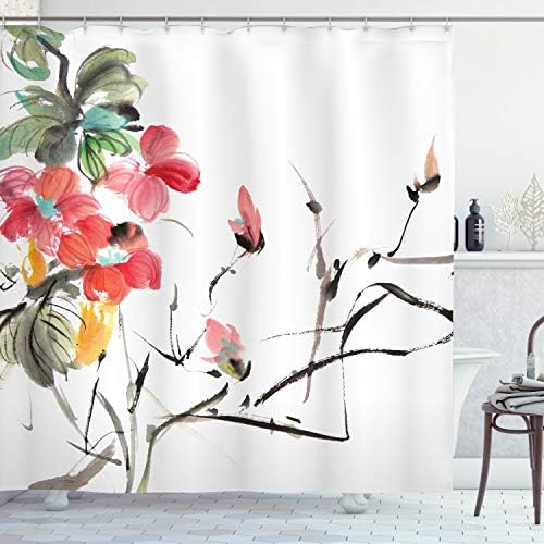 Ambesonne Japanese Bathe Curtain, Widespread Early Interval Watercolors Print with Vivid Floral Motifs Artwork Image, Fabric Cloth Lavatory Decor Set with Hooks, 84″ Lengthy Further, Coral Inexperienced