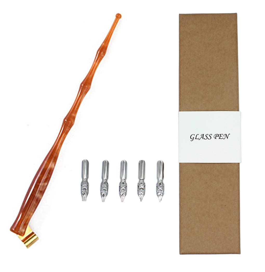 Hillento Resin Calligraphy Nib Pen Point Holder, Oblique English Calligraphy Pen Nib Holder with 5 Flat Nibs, Brown