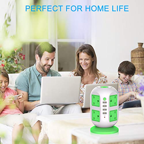 USB Power Strip LECTCAFE Surge Protector Tower Power Socket Outlets, Vertical Multi-Socket with 8 Outlets and 4 USB Ports Universal Charging Station for Home and Office（Green)