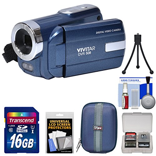 Vivitar DVR-508 HD Digital Video Camera Camcorder (Blue) with 16GB Card + Case + Tripod + Kit