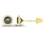 Solid 14K Gold Hypoallergenic 4mm Round Solitaire Genuine Birthstone Bezel Screw Back Stud Earrings