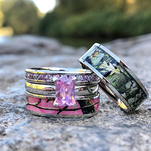 KingswayJewelry 4pcs His Hers Pink Camo Radiant Titanium,Stainless
