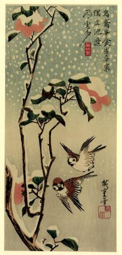Japanese Print Secchu tsubaki ni suzume. TITLE TRANSLATION: Sparrows and camellias in snow.