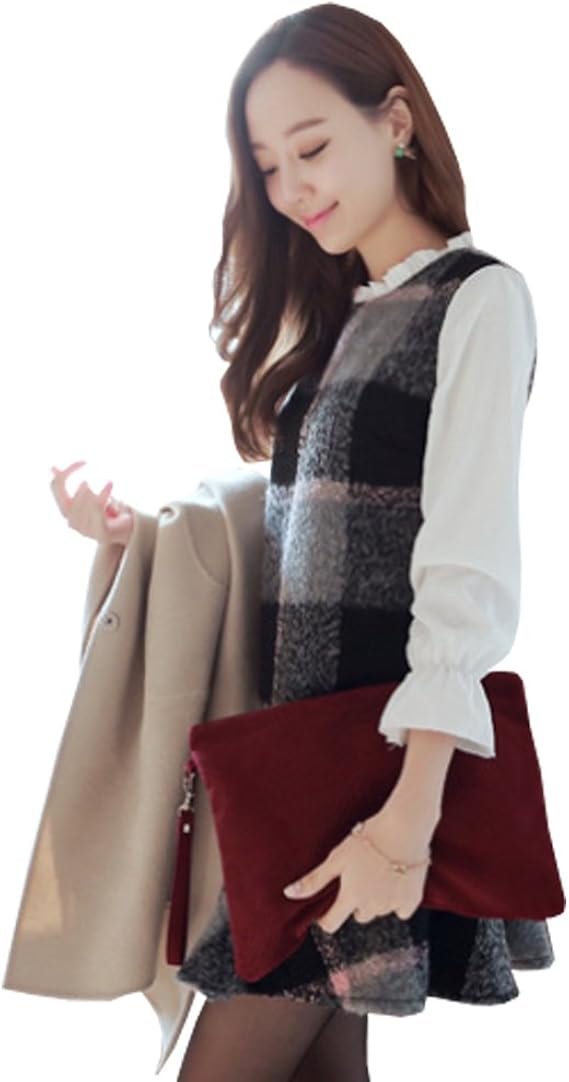 Amazon リアンジュ アイ Liange Ai レディース レース フリフリ モコモコ チェック ワンピース 秋 冬 かわいい グレー ピンク ブラック 長袖 ブラウス 白 オリジナルミニポーチ付き M ワンピース チュニック 通販