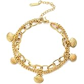 Shell Paperclip Chain Bracelet Dainty Bangle Adjustable Layered Stainless Steel Fashion Stack Bracelets Anklet Popular Minimalist Charm Jewelry Present Gift for Women Girls