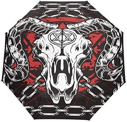 DERLONKAJE Devil Skull Baphomet Satanic Pentagram Automatic Umbrella Auto Open Close Folding Windproof Foldable for Men Women Kids
