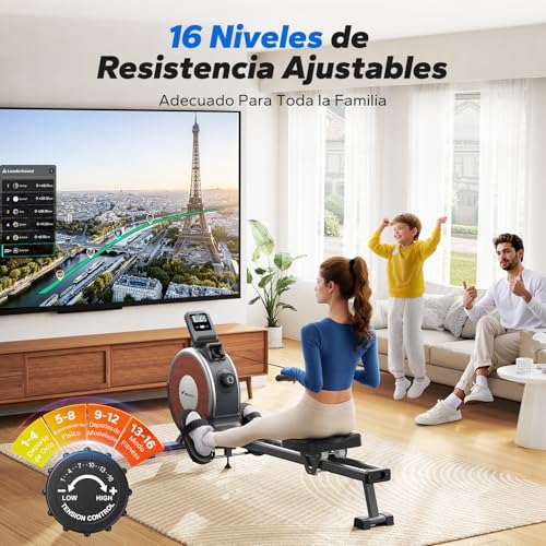 MERACH Máquina de Remo, remadora con Resistencia magnética, 16 Niveles de Ajuste de Resistencia, Remo con Resistencia silenciosa, Doble guía, Capacidad máxima de 158KG, Enlace de aplicación